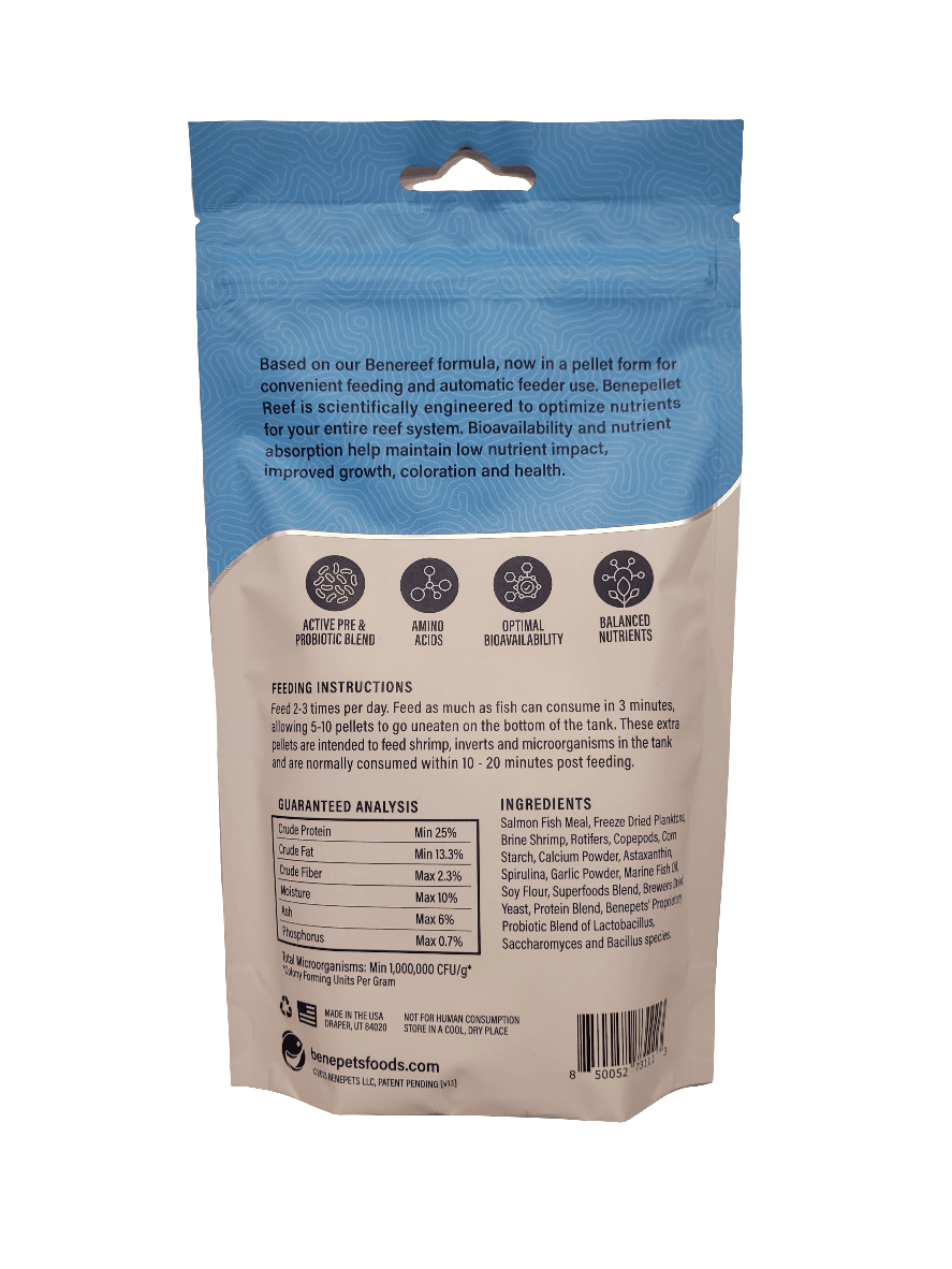 Back view of the Benepets - Benepellet Reef - Small 1.7mm - 152g fish food package displaying feeding instructions, guaranteed analysis, and ingredients list. The package highlights features such as active pre/probiotics, amino acids, and balanced nutrients for improved fish health.