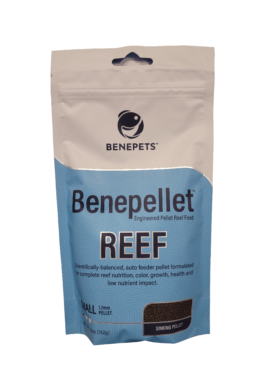 A package of BenePets Benepellet Reef fish food, labeled as "Benepets - Benepellet Reef - Small 1.7mm - 152g," comes in a light blue and white bag displaying the BenePets logo with the words "Scientifically-balanced, auto feeder pellet formulated for reef nutrition." The bottom section is transparent, allowing you to see the pellets inside.