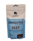 A package of BenePets Benepellet Reef fish food, labeled as "Benepets - Benepellet Reef - Small 1.7mm - 152g," comes in a light blue and white bag displaying the BenePets logo with the words "Scientifically-balanced, auto feeder pellet formulated for reef nutrition." The bottom section is transparent, allowing you to see the pellets inside.