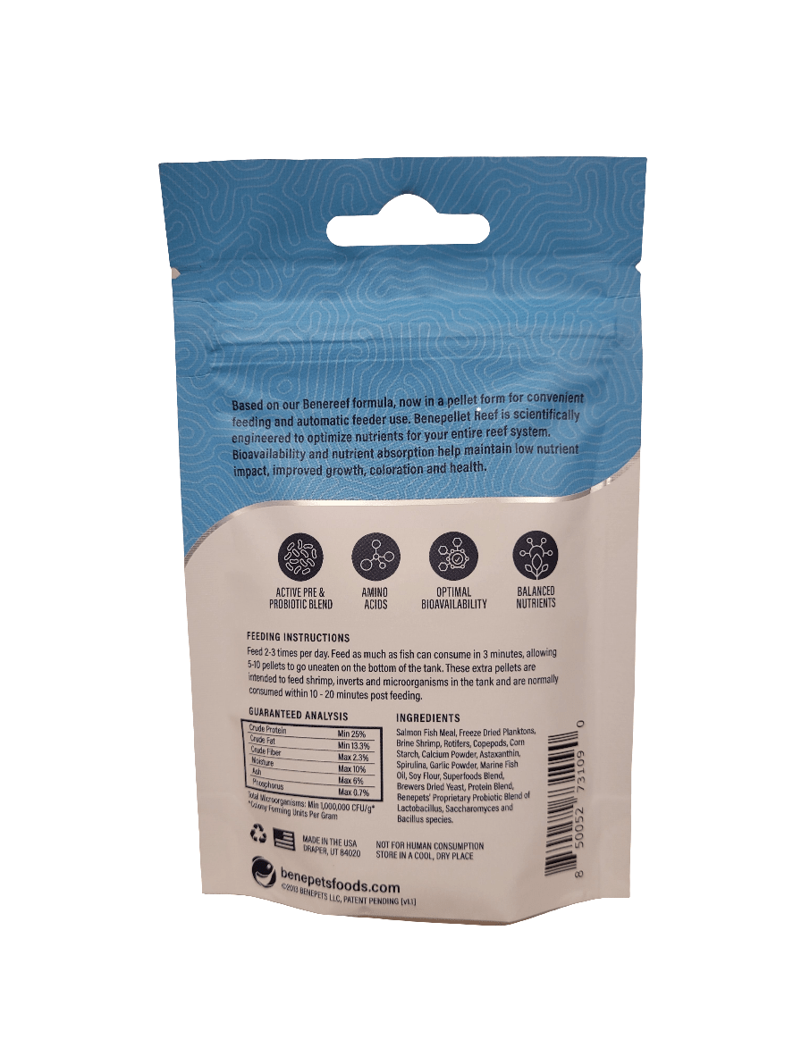 A blue and white package labeled "Benepets - Benepellet Reef - Small 1.7mm - 38g," featuring instructions and ingredients printed on the back, including details about feeding guidance and product benefits like amino acids and nutrient absorption.