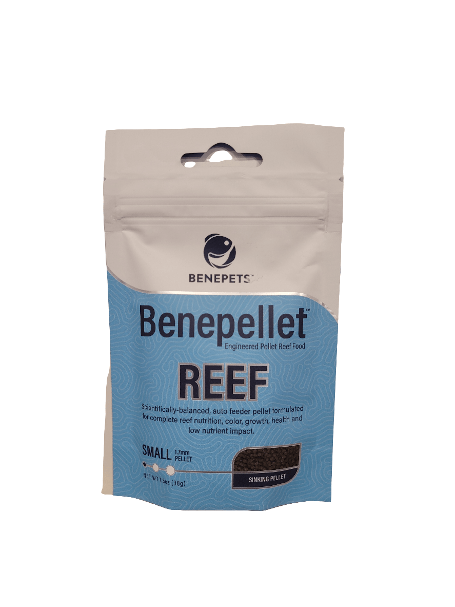 A blue and white package of Benepets - Benepellet Reef - Small 1.7mm - 38g food for small marine life. The bag is standing upright, displaying product details and branding.