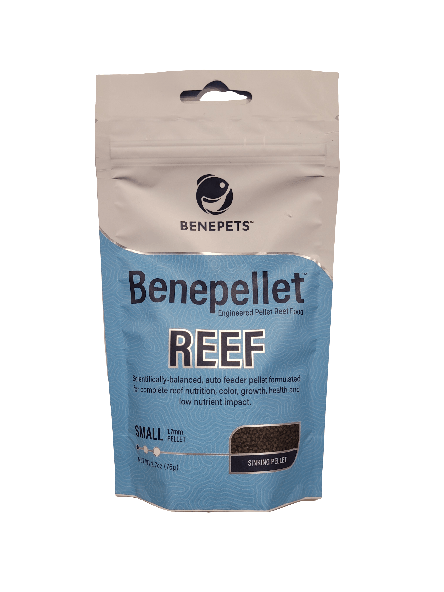 A blue and white package of Benepets Benepellet REEF small 1.7mm sinking pellets, weighing 76 grams (approximately 1.82 ounces), is designed for optimal reef nutrition, enhancing color and growth, promoting health, and ensuring low nutrient impact.