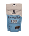 A blue and white package of Benepets Benepellet REEF small 1.7mm sinking pellets, weighing 76 grams (approximately 1.82 ounces), is designed for optimal reef nutrition, enhancing color and growth, promoting health, and ensuring low nutrient impact.