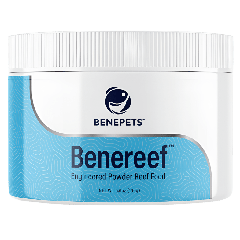 A container displaying the Benepets - Benereef Coral Food, featuring a white and light blue design with a wave pattern. Net weight: 160g (5.6 oz).