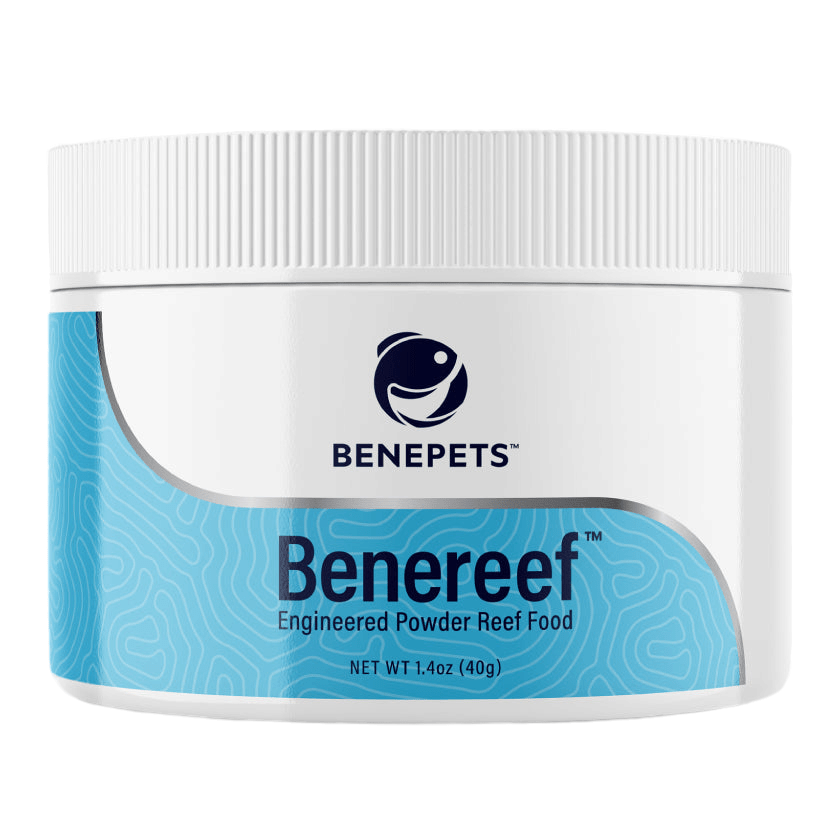 A white plastic container labeled "Benepets - Benereef Coral Food - 40g" featuring a blue wavy design and a fish logo. The container's capacity is 1.4 oz (40g).