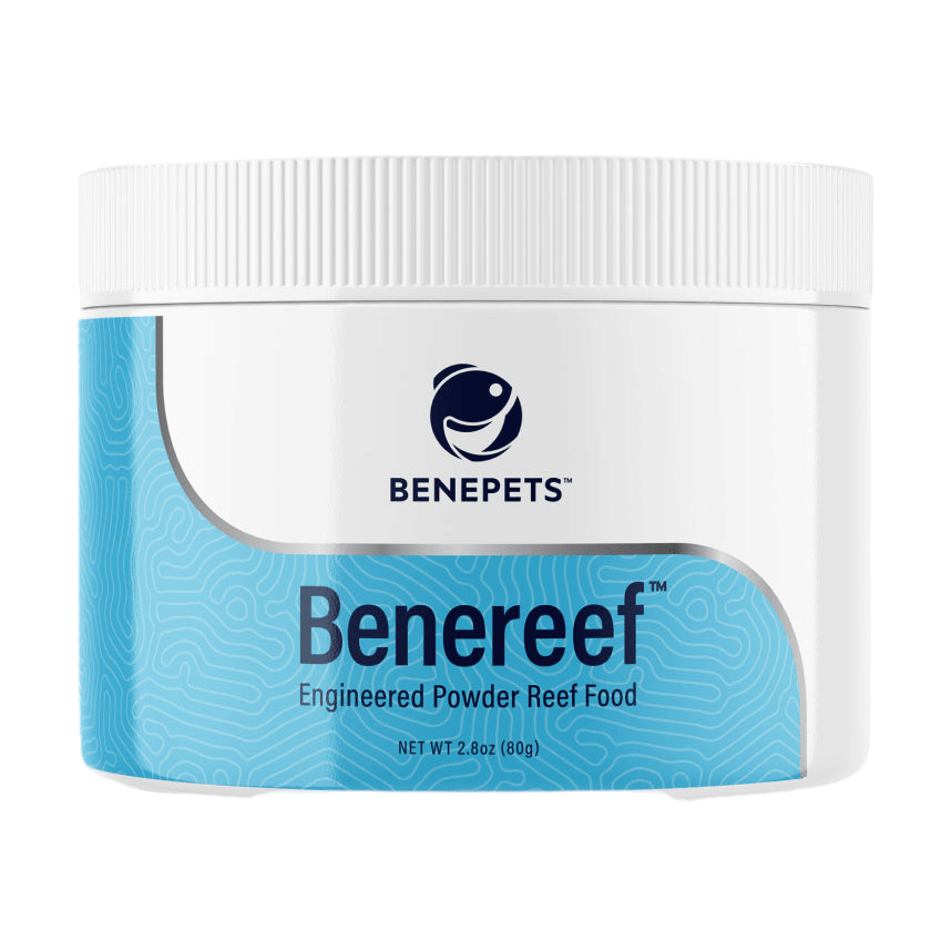 A white plastic container of Benepets - Benereef Coral Food, adorned with a blue label showcasing a stylized fish logo. The container holds 2.8 oz (80g) of product.