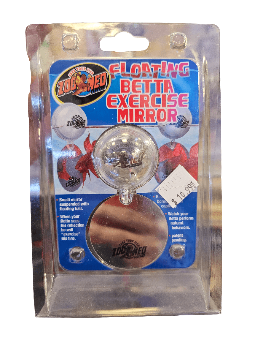 The packaging for the Betta Exercise Mirror showcases a small mirror suspended with a ball, aimed at encouraging natural betta behaviors and activity, and it is priced at $10.95.