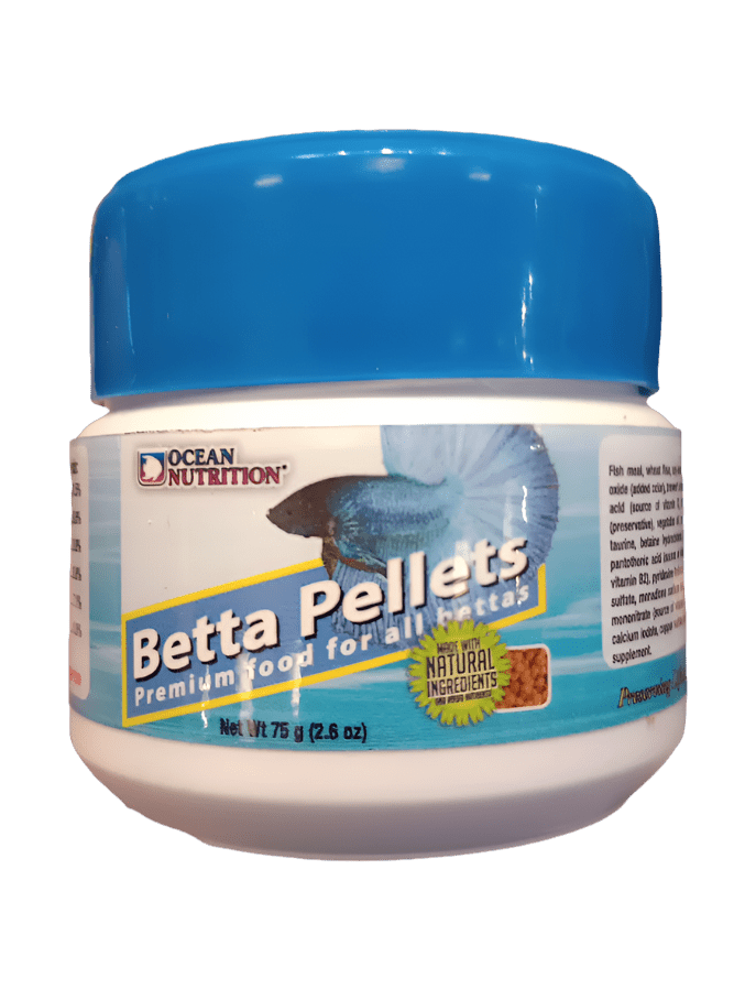 A small container of Betta Pellets Premium Food is shown. The label features an image of a betta fish and text stating "Premium food for all bettas with Natural Ingredients." The cap is blue, and the container is white.