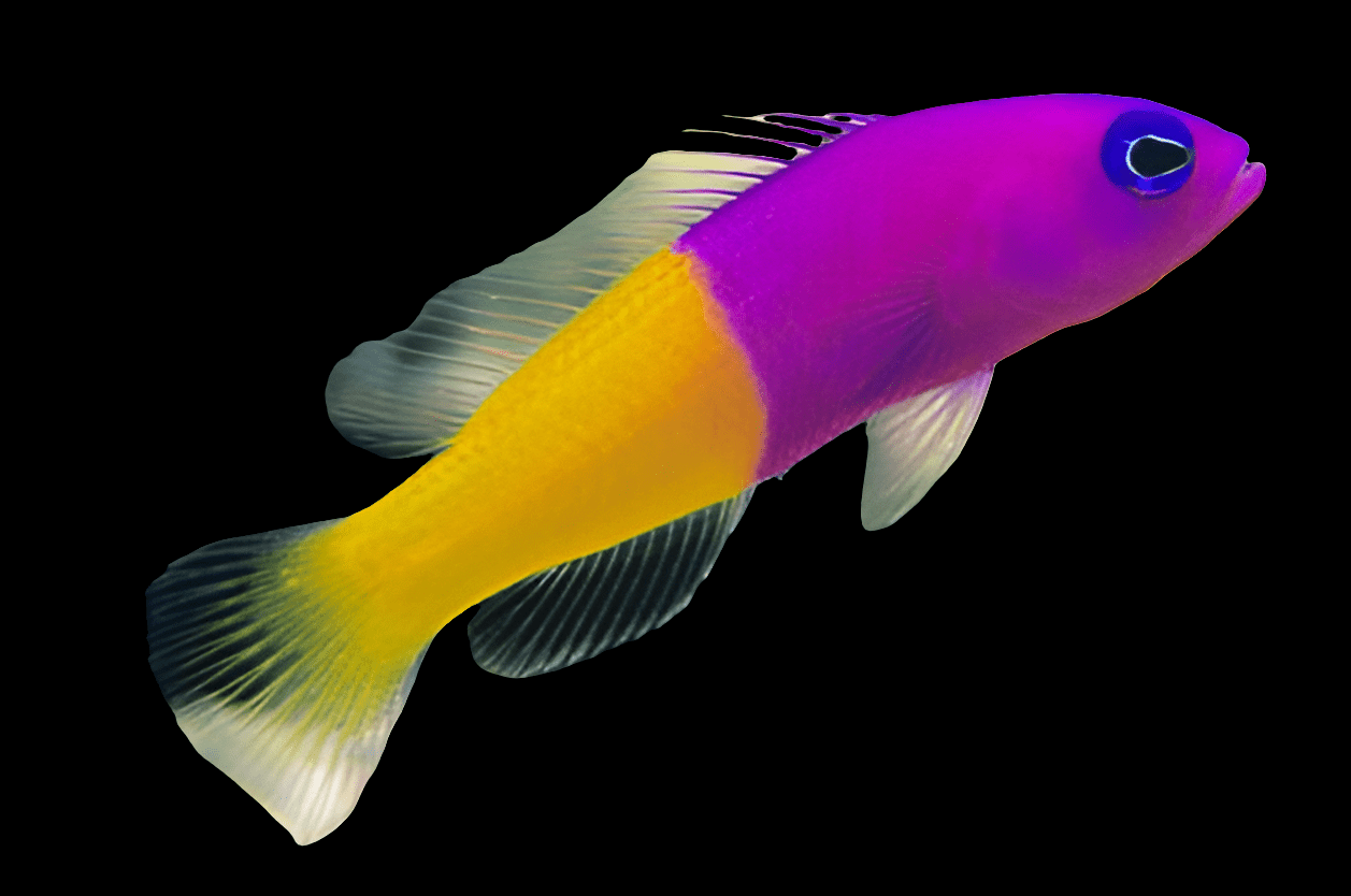 A vivid Bicolor Psuedochromis (Pictichromis paccagnellae) featuring a purple head and body that seamlessly transitions into a bright yellow tail, all set against a black background. Its large fins and prominent eye create a striking contrast between the two colors.