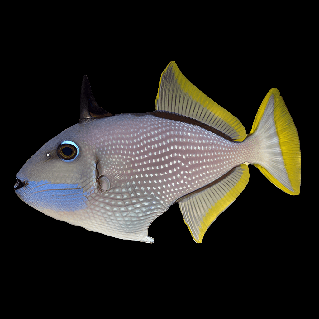 A Blue Jaw Triggerfish - Male, known scientifically as Xanthichthys auromarginatus, with a light gray body featuring a dotted pattern and striking blue facial markings. Its standout black dorsal fin is complemented by vibrant yellow accents on its tail and fins against a contrasting black background.