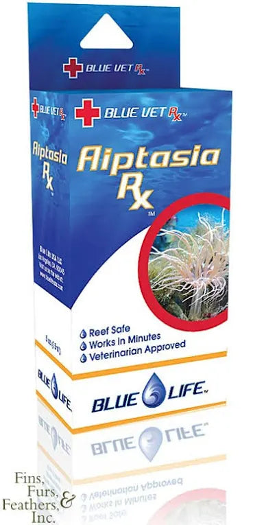 A product box of Blue Life - USA Aiptasia Rx .5 oz displays text including Reef Safe, Works in Minutes, and Veterinarian Approved, with a photo of a marine organism and the Blue Life logo at the bottom.