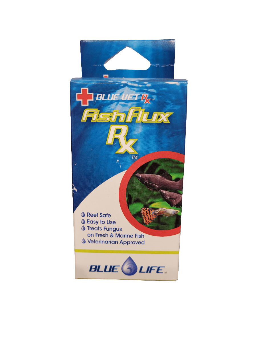 The image displays a box of Blue Vet - FishFlux RX - 2g (100 gallon) by Blue Life, with packaging that emphasizes features like being reef safe, user-friendly, effective in treating fungus on both fresh and marine fish, and veterinarian approved.