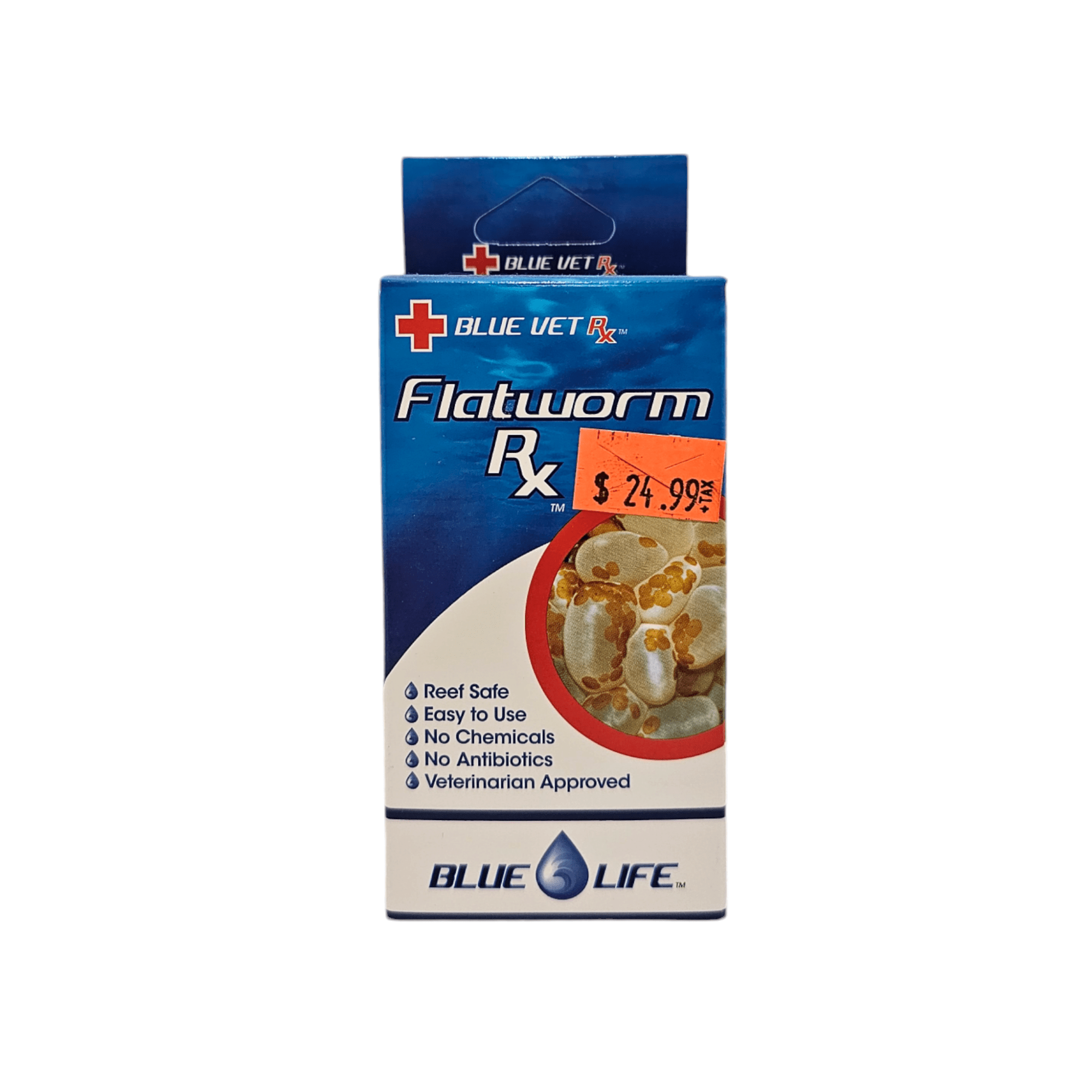 Box of Blue Vet Flatworm RX 30ml with a white and blue design. Features text: Reef Safe, Easy to Use, No Chemicals, No Antibiotics, Veterinarian Approved. Price tag shows $24.99. Image of flatworms on the box.