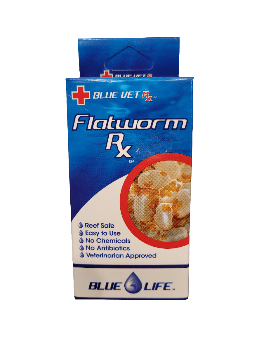 Blue Vet - Flatworm Rx - 30ml packaging highlights key features: Reef Safe, Easy to Use, No Chemicals, No Antibiotics, and Veterinarian Approved. The box features an image of flatworms along with a red cross logo.