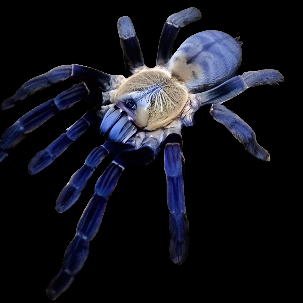 The Borneo Purple Earth Tiger (Cyriopagopus sp Hati Hati) is showcased against a black backdrop, highlighting its vibrant blue hues, medically significant venom, multi-colored femurs, textured details, and large hairy legs.