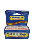 The Boyd Enterprises - Chemi Clean - 300 Gallon comes in vibrant blue packaging highlighted by yellow and white text. It promises to treat up to 300 gallons, effectively removing red cyanobacteria and ensuring superior algae removal for reef tanks, resulting in crystal-clear aquarium water.