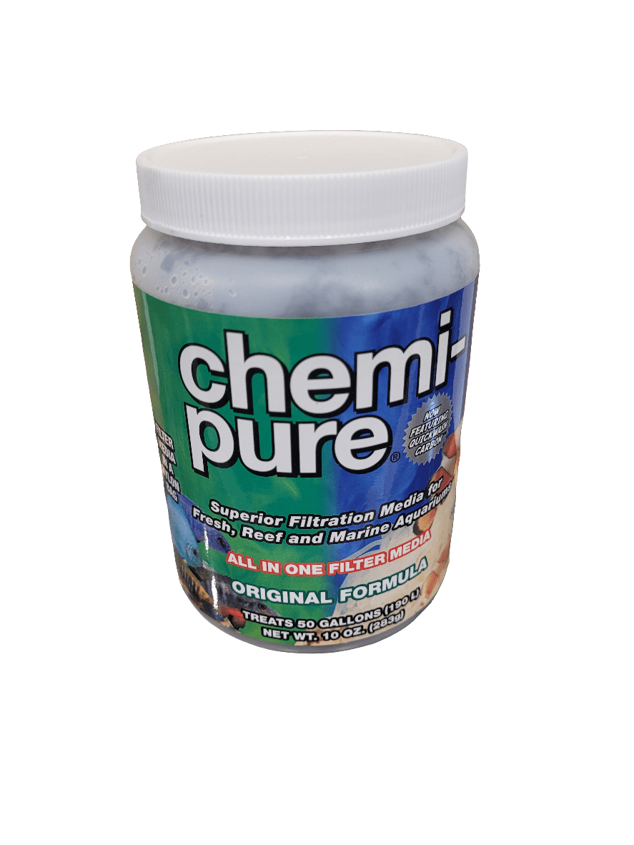 A white container of Boyd Enterprises Chemi-Pure filtration media features bright blue and green labeling and is designed for fresh, reef, and marine aquariums. The jar indicates it treats 50 gallons and weighs 10 oz (283 g).