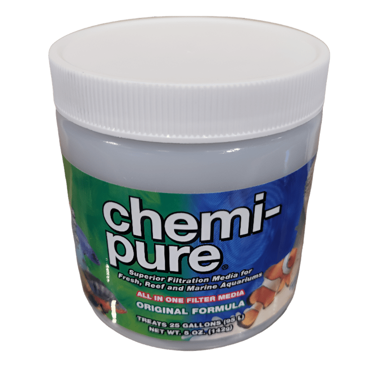 A white container of Boyd Enterprises - Chemi-Pure filtration media for aquariums displays the label indicating it is Superior Filtration Media for Fresh, Reef, and Marine Aquariums and is suitable for treating 25 gallons. The container holds 5 oz (142 grams).