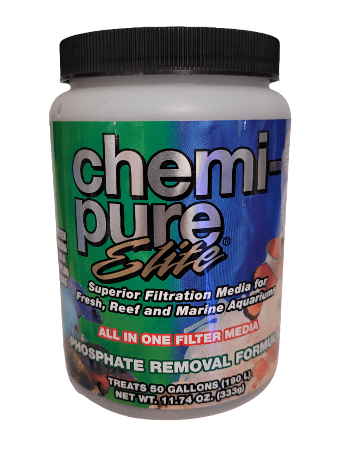 A jar of Boyd Enterprises - Chemi-Pure Elite - 11.74oz/333g, a filtration media designed for aquariums. The label emphasizes it as an all-in-one filter media suitable for fresh, reef, and marine aquariums, featuring a phosphate removal formula and treating up to 50 gallons.