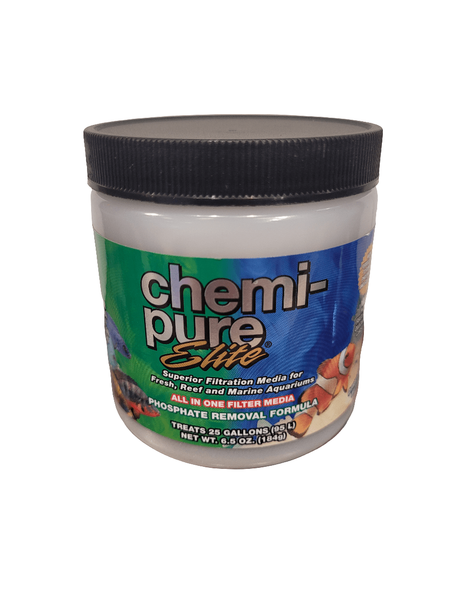 A 6.5 oz (184g) container of Boyd Enterprises' Chemi-Pure Elite, marketed as superior filtration media for fresh, reef, and marine aquariums. It is designed with a phosphate removal formula that can treat up to 38 gallons (90L). The container is white with a black lid.