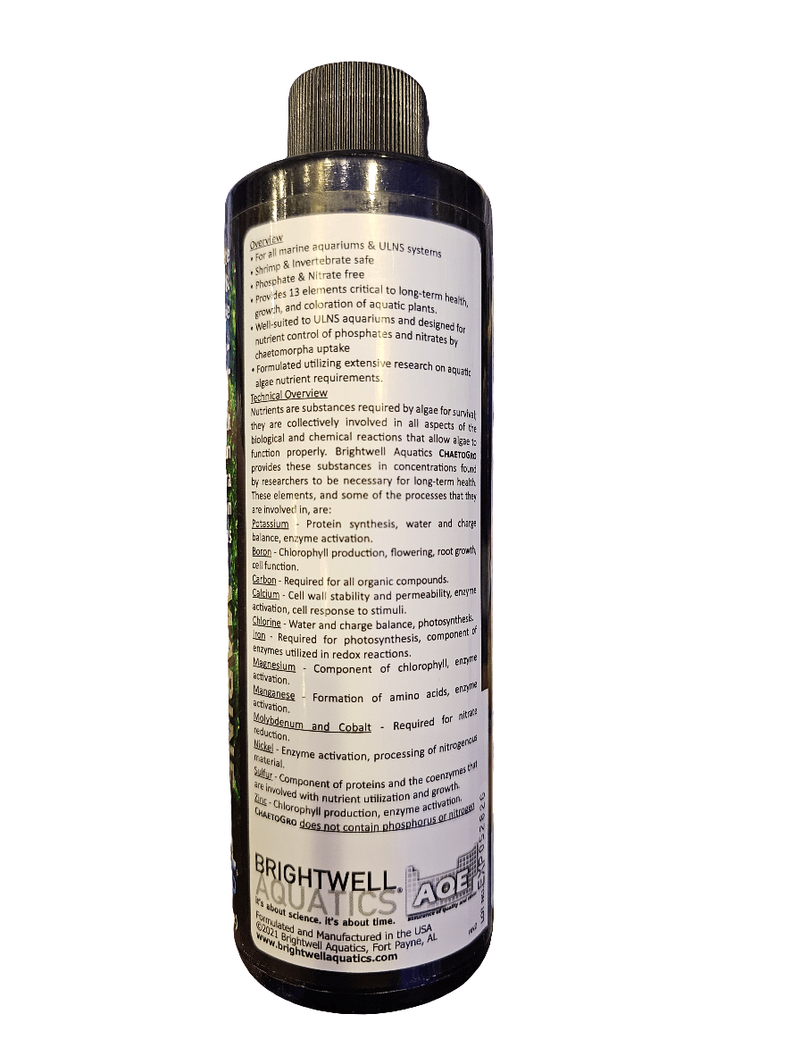 A 250ml bottle of Brightwell - ChaetoGro aquarium supplement with a black cap. The label includes directions and nutritional information for aquariums, promoting health and growth, along with the company logo and website at the bottom.