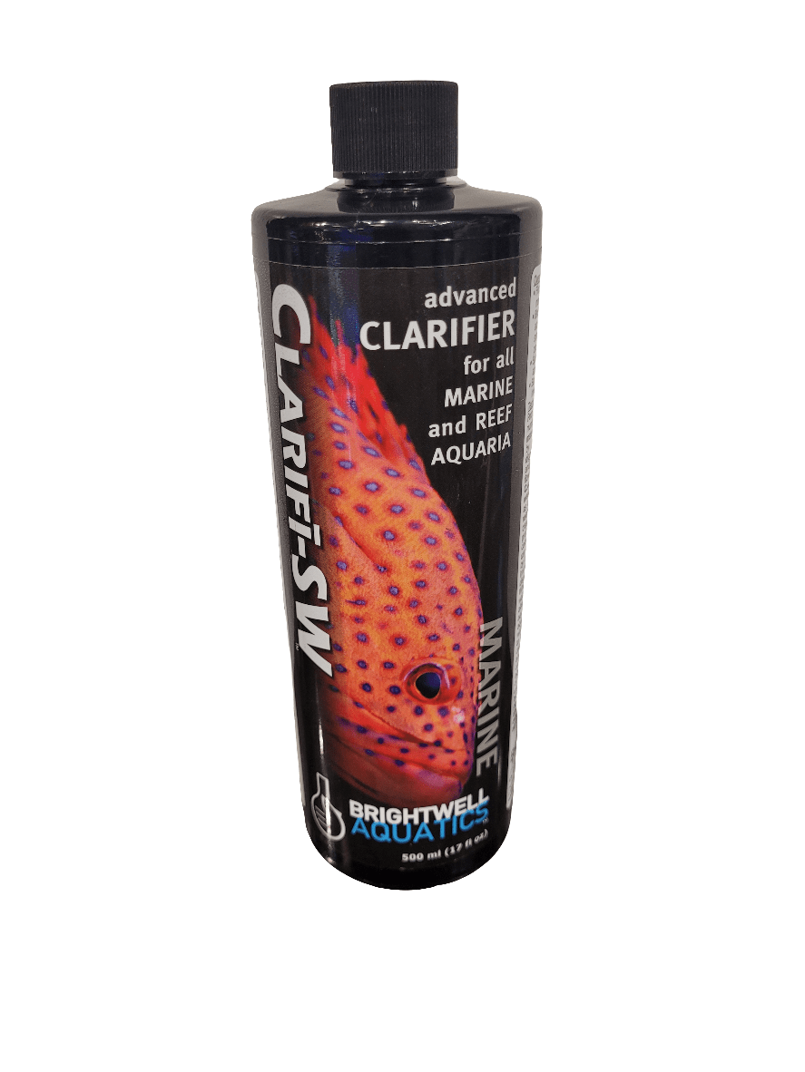 A 500 ml bottle of Brightwell - Clarifi-SW advanced clarifier, featuring a label with an image of a colorful fish and text stating its suitability for marine and reef aquaria.