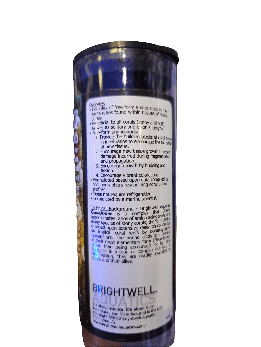 The cylindrical bottle of Brightwell - Coral Amino - 60ml prominently displays its features, including its ability to support coral growth, strengthen immune responses, and enhance coloration. Infused with a coral amino complex, this product is designed to improve overall vitality. A URL is conveniently located at the bottom.