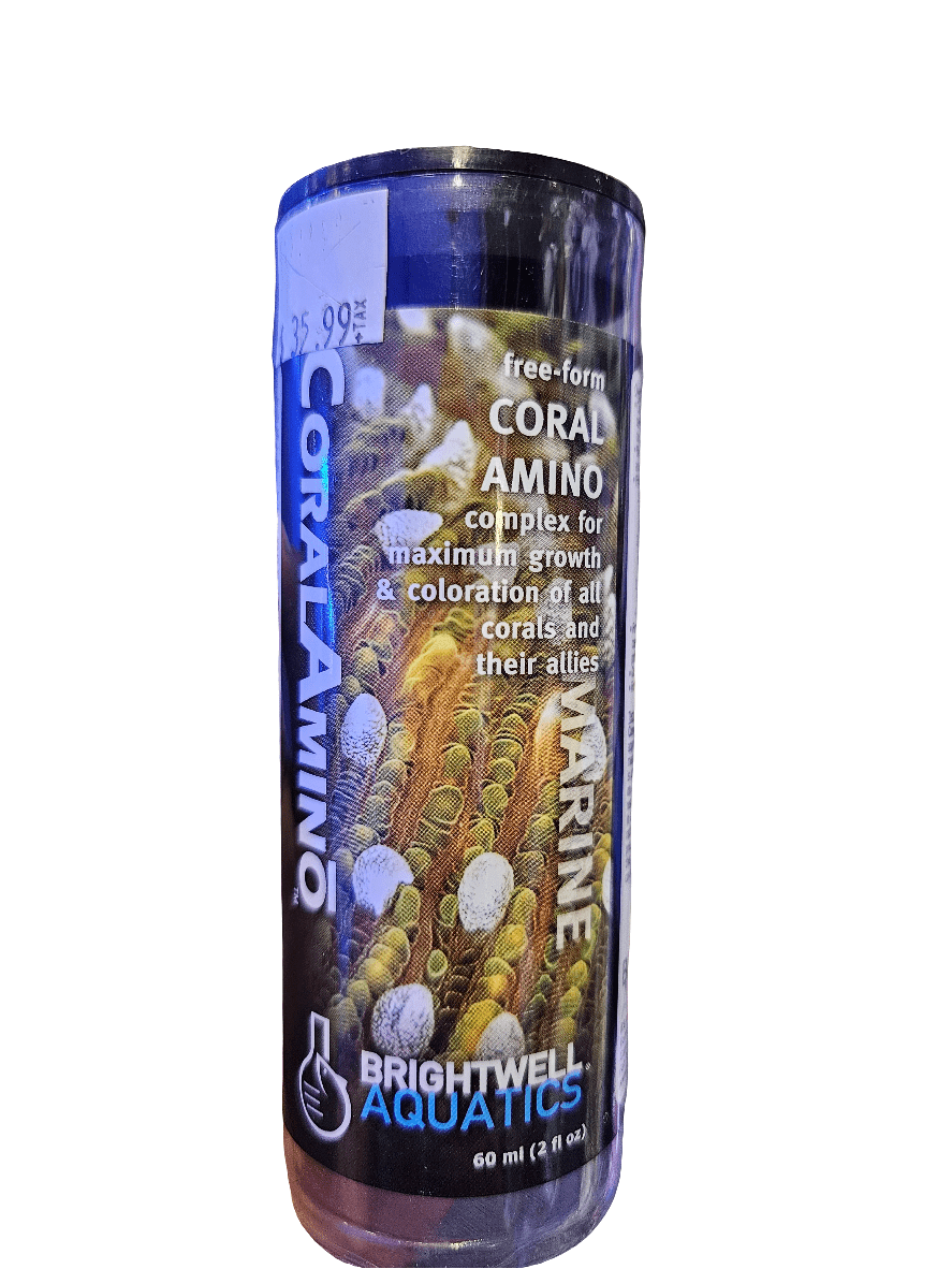 The Brightwell - Coral Amino - 60ml bottle offers a coral amino complex designed to boost growth and enhance vivid coloration in corals. The label, featuring marine-themed artwork, includes comprehensive pricing details.