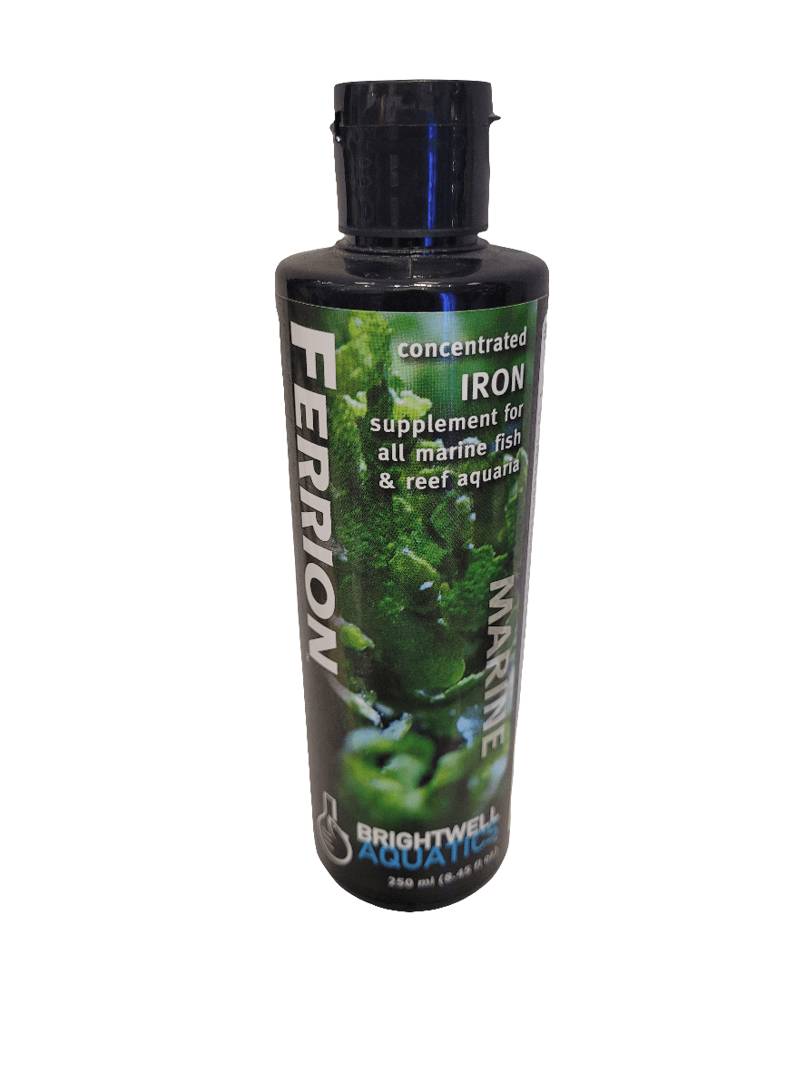 A 250 ml bottle of Brightwell - Ferrion, a concentrated iron supplement designed for marine fish and reef aquaria, with a label showcasing images of green aquatic plants and product information.