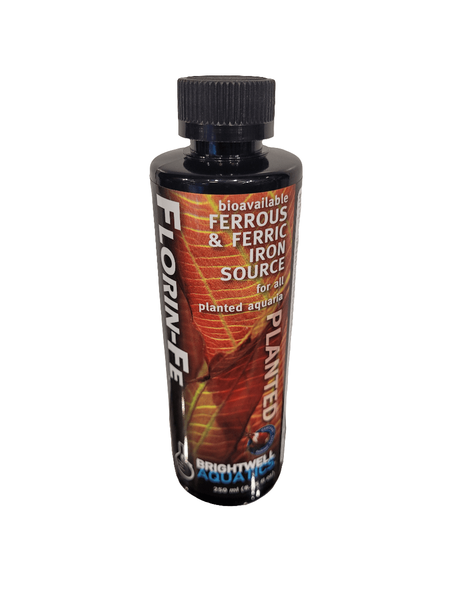 A 250ml bottle of Brightwell - Florin-Fe in black, which serves as a bioavailable source of ferrous and ferric iron for planted aquariums. The colorful label provides information on its use and benefits.