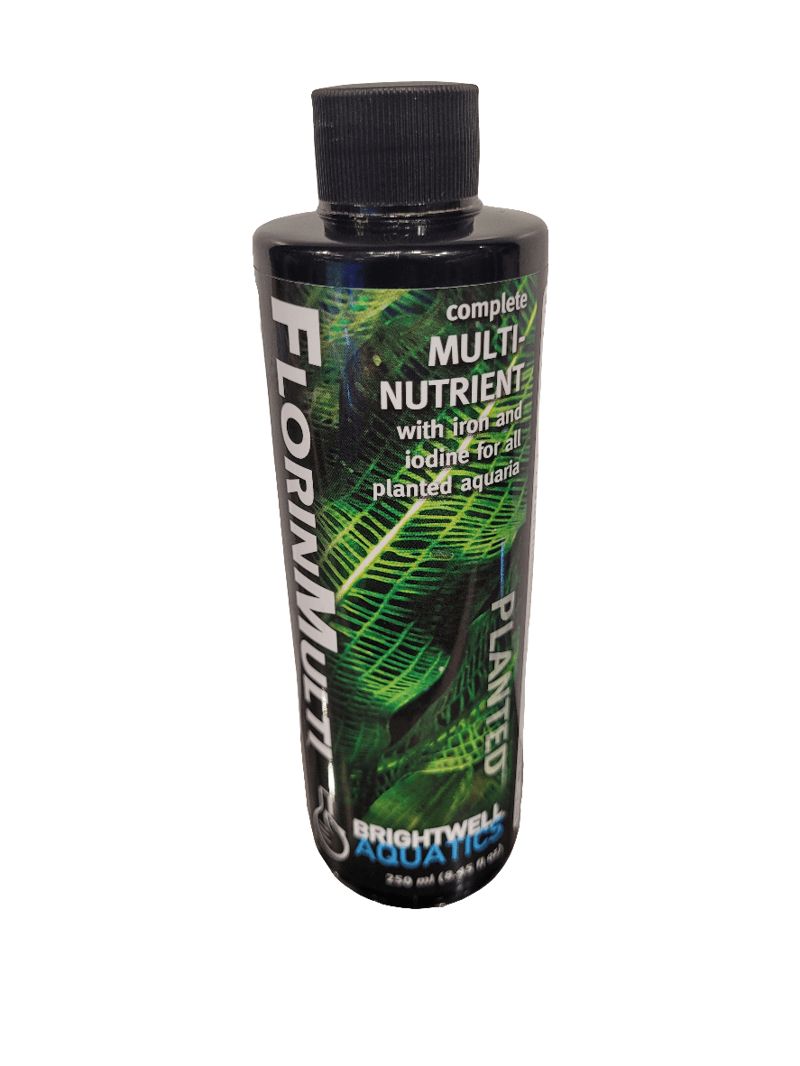 A 250 ml bottle of Brightwell FlorinMulti, branded as a complete multi-nutrient for planted aquariums and enriched with iron and iodine, features green plant graphics on its black exterior.