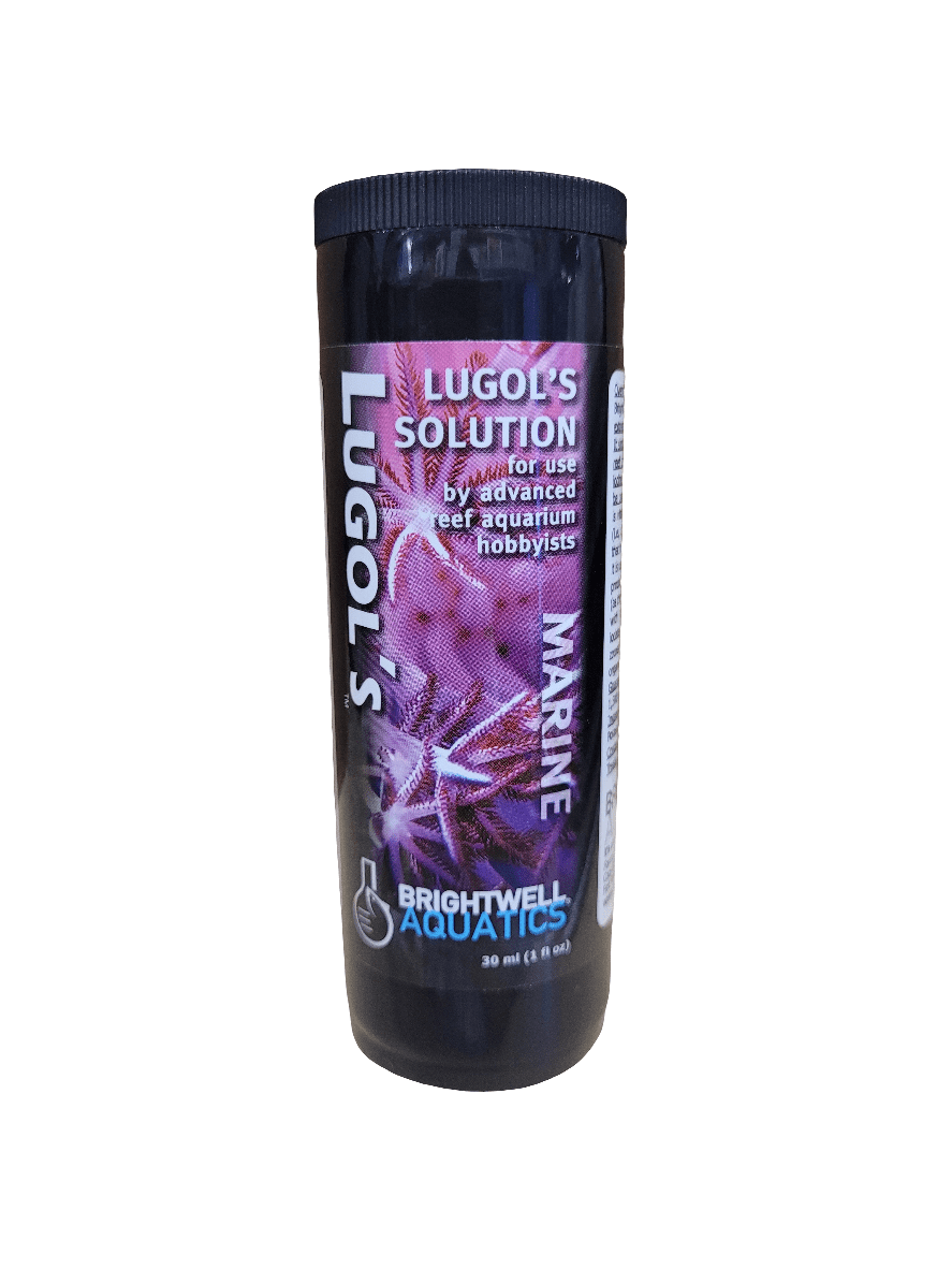 A 30ml bottle of Brightwell Lugol's Solution, designed for advanced reef aquarium hobbyists, featuring a dark label with purple and white text and an image of marine life.