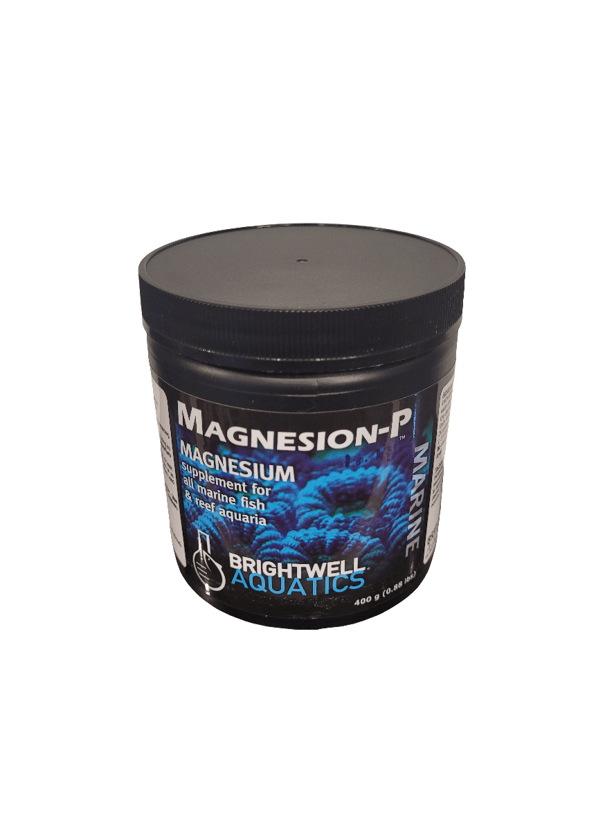 A black plastic container of Brightwell - Magnesion-P - 400g supplement for marine fish and reef aquaria. The label features a blue coral image and product details.