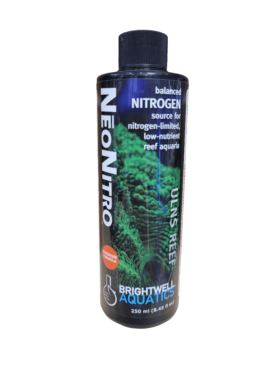 A bottle of Brightwell NeoNitro, a nitrogen supplement for low-nutrient reef aquariums, is labeled as a 250 ml (8.45 fl oz) source of nitrogen for aquarium plants.