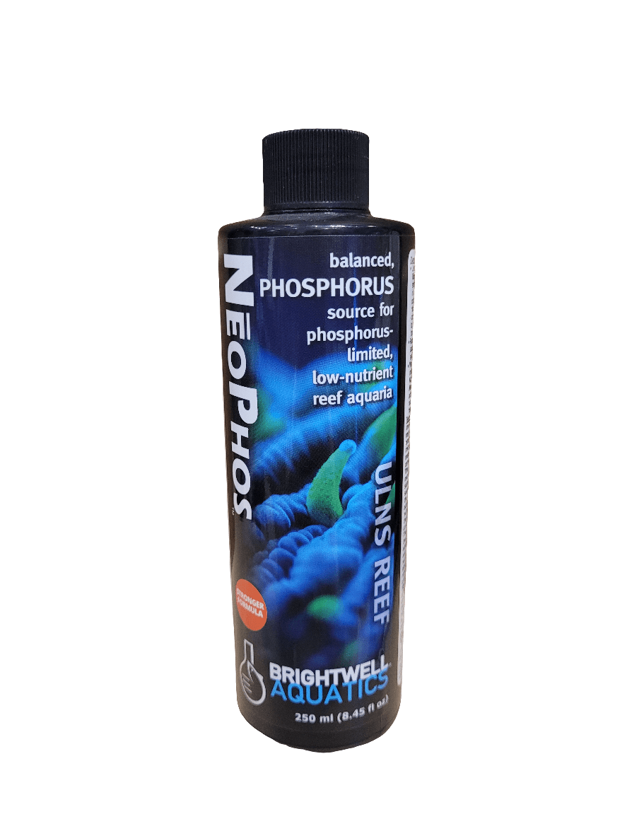 A bottle of Brightwell - NeoPhos - 250ml, a phosphorus source designed for reef aquaria, features blue and black graphics.