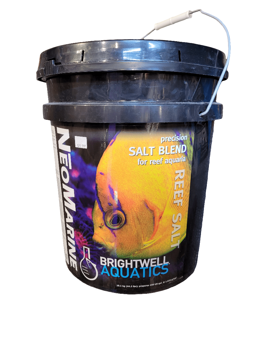 A 44.2-pound container of Brightwell NeoMarine Salt Mix, suitable for 150 gallons, is adorned with an image of a yellow fish and emphasizes a precision salt blend ideal for reef aquariums.