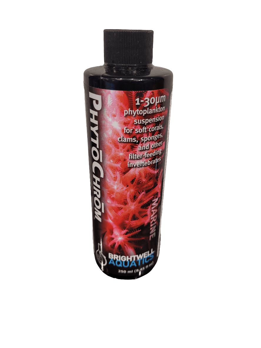 A 250mL bottle of Brightwell - PhytoChrom phytoplankton suspension designed for marine aquatic life. The label showcases images of coral and provides information about its use for soft corals, clams, sponges, and other filter-feeding invertebrates.