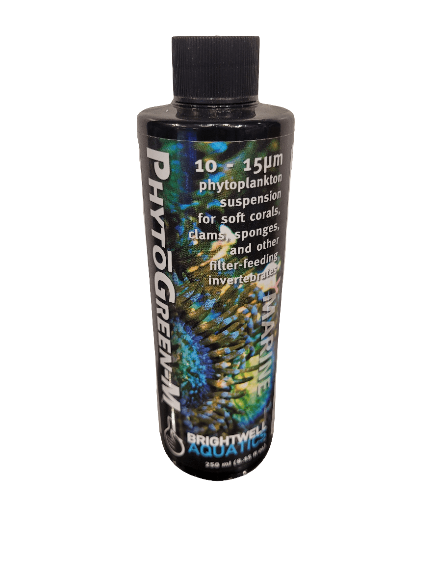 A 250 ml bottle of Brightwell - PhytoGreen-M, containing phytoplankton suspension for marine organisms such as soft corals, clams, sponges, and filter-feeding invertebrates, with packaging adorned with vibrant marine imagery.