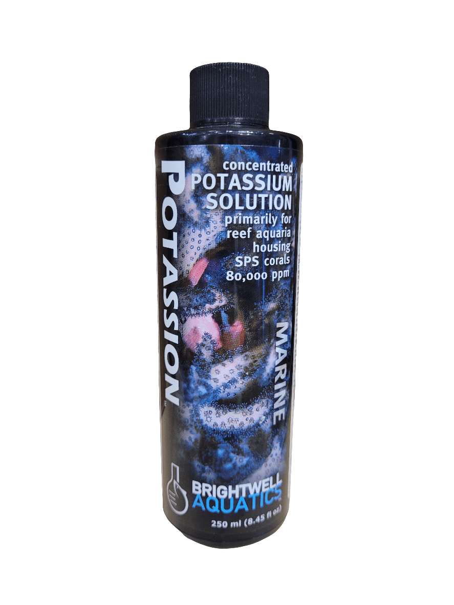 A bottle of Brightwell - Potassion, a concentrated potassium solution designed for marine aquaria with SPS corals, contains 250 ml of liquid at a concentration of 80,000 ppm.