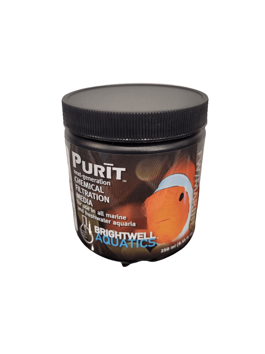 A black container of Brightwell - PurIt Media - 250ml designed for marine and freshwater aquariums, featuring an image of a clownfish and product details on the label.