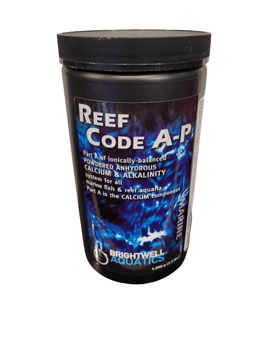 An image of a black container labeled "Brightwell - Reef Code A-P - 1000g," a powder used as a calcium and alkalinity supplement for marine fish and reef aquaria. The container features blue and white graphics with text, and the product is by Brightwell Aquatics.