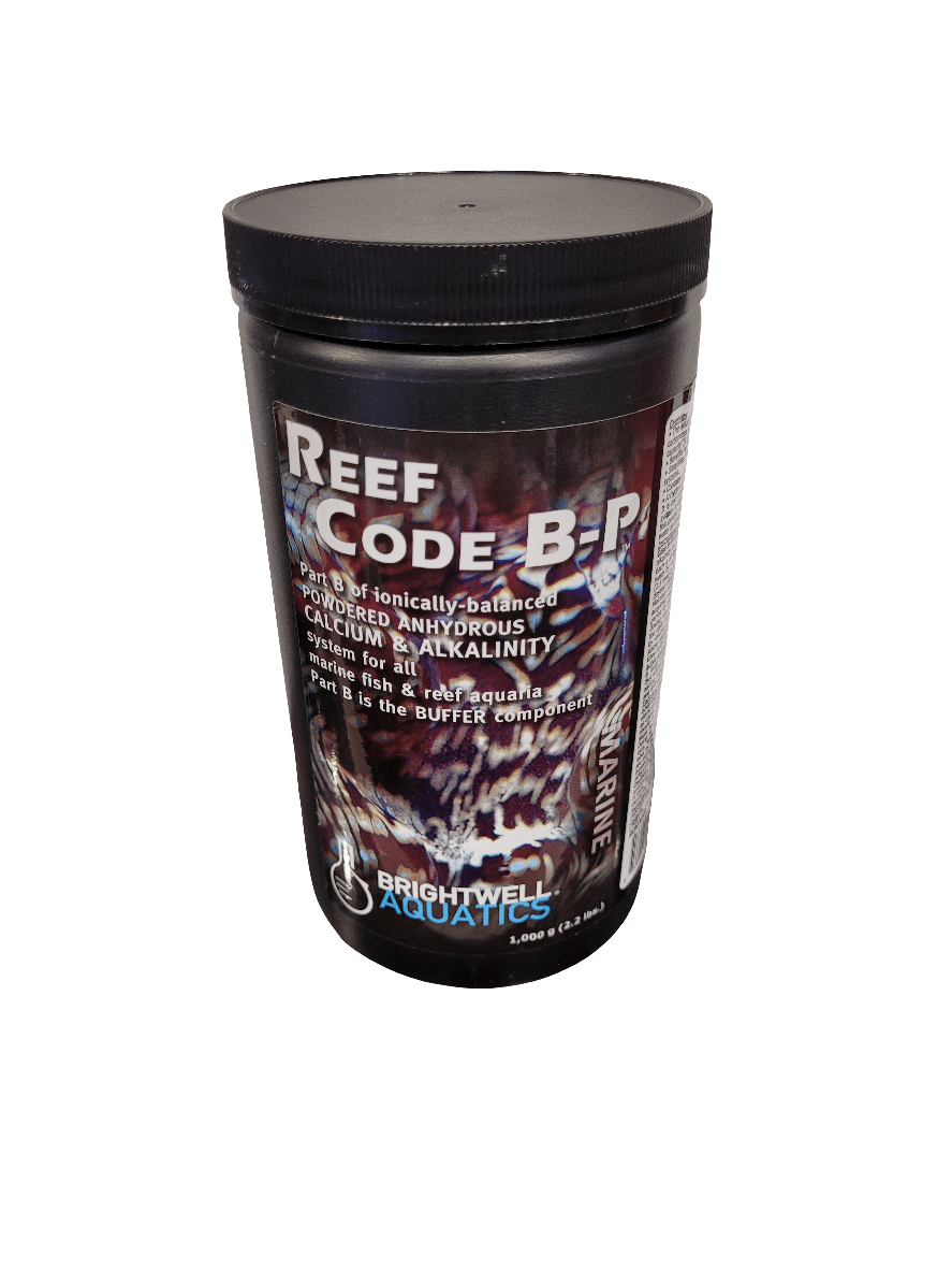 A 1000g container of Brightwell Reef Code B-P, a powdered supplement designed to enhance alkalinity in aquariums, featuring a label with a vibrant reef background and detailed product information.