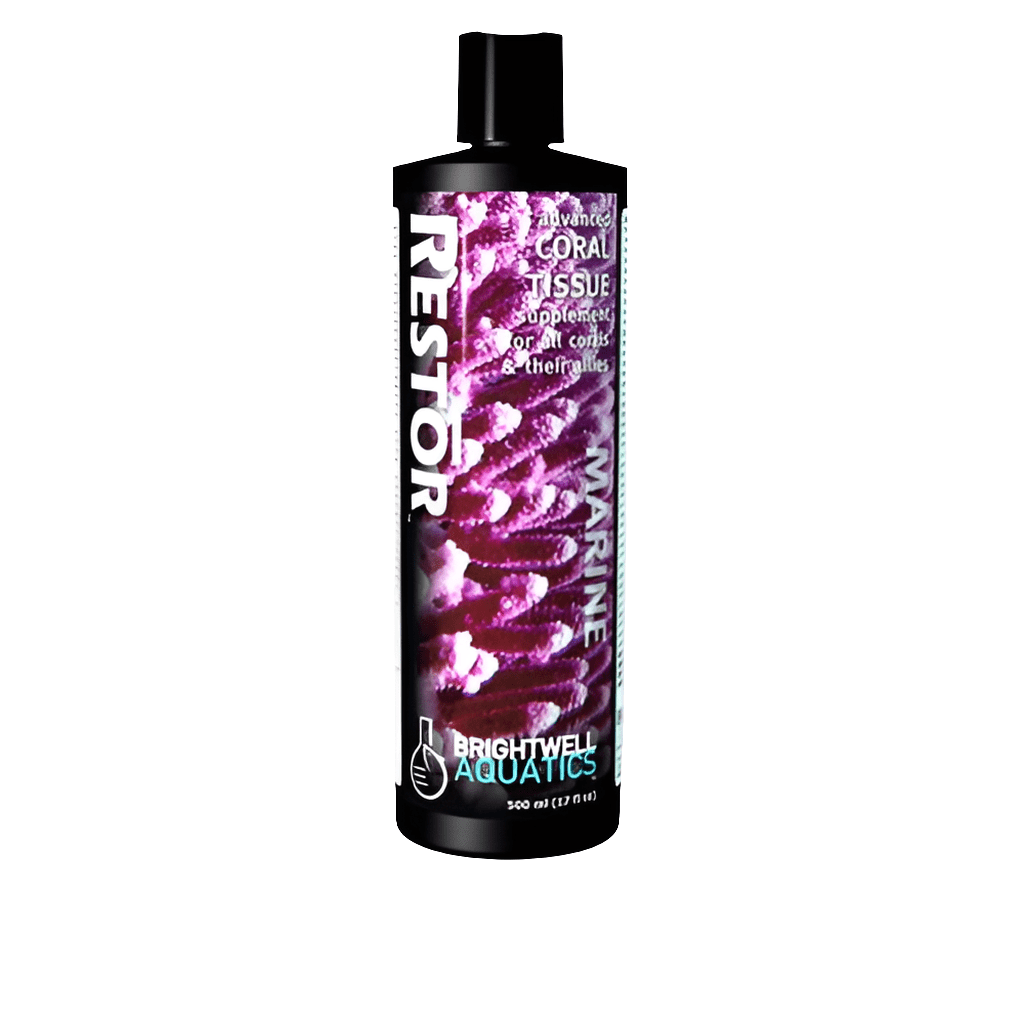 A bottle of Brightwell - Restor coral supplement features a black and purple design with images of coral. The 250 ml container is formulated for marine use, promoting coral tissue growth.