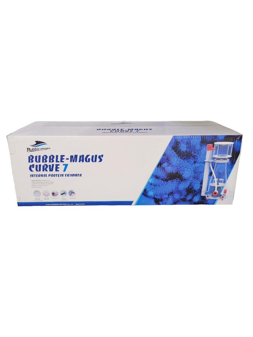 Box of Bubble-Magus - Curve 7 Protein Skimmer featuring an image of corals. The box is primarily white with blue accents and text.