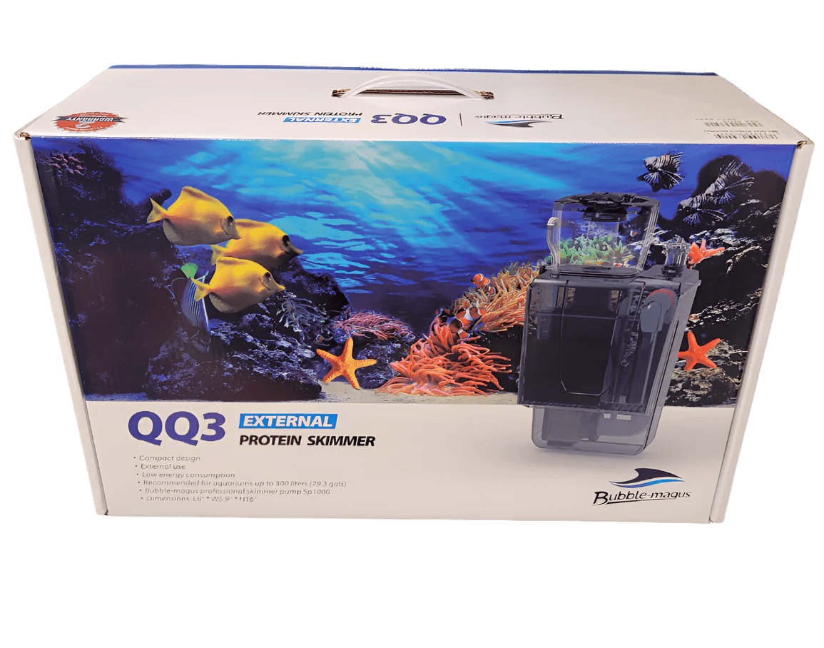 A product box for the Bubble Magus - QQ3 External Protein Skimmer displays an underwater scene filled with vibrant fish, coral, and starfish, accented by a clear image of the skimmer and some accompanying product details.