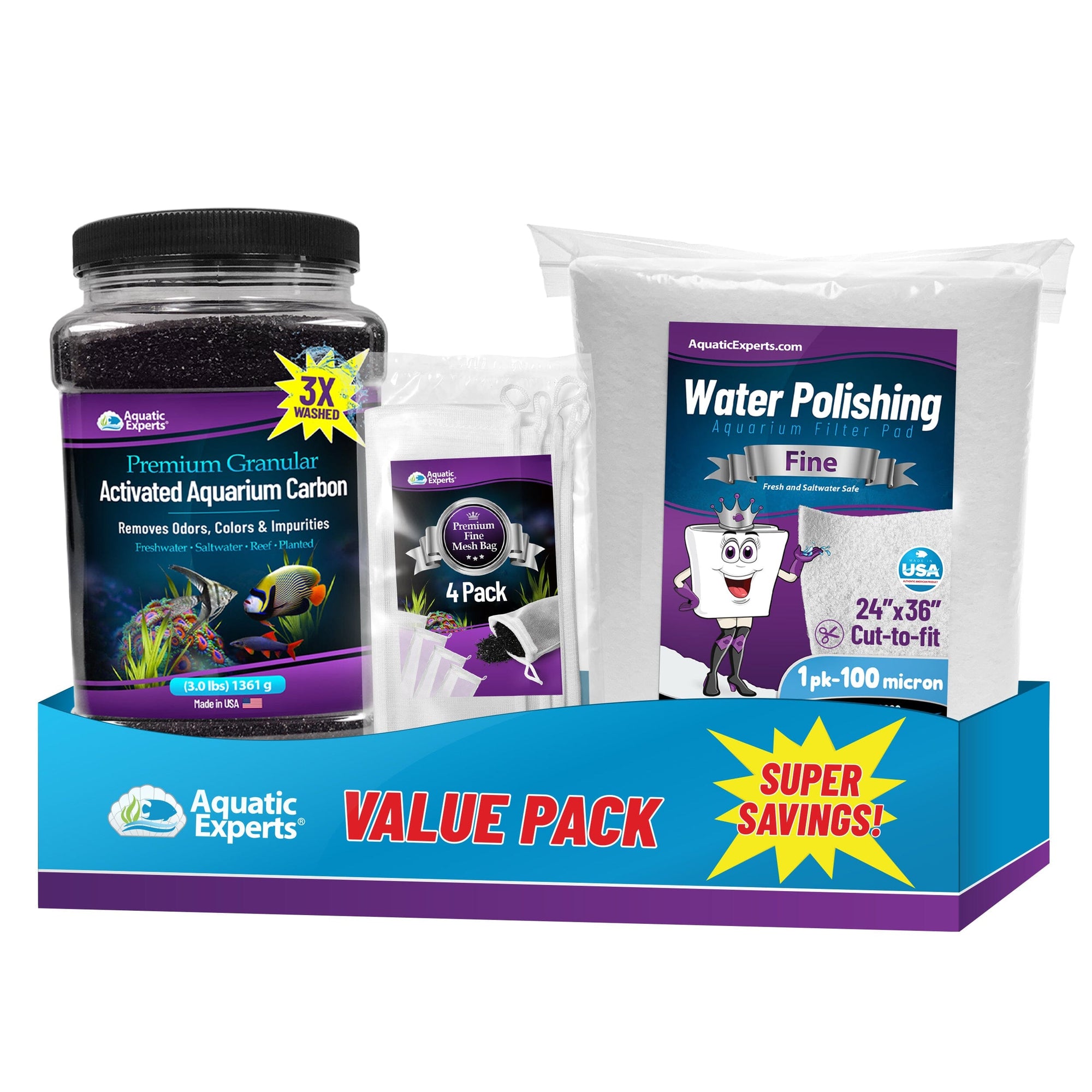 Aquarium Bundle - Carbon 3.0 + 4 Pack Fine Mesh Bag 3&quot;x8&quot; + Polishing Pad 100 Micron Bundle