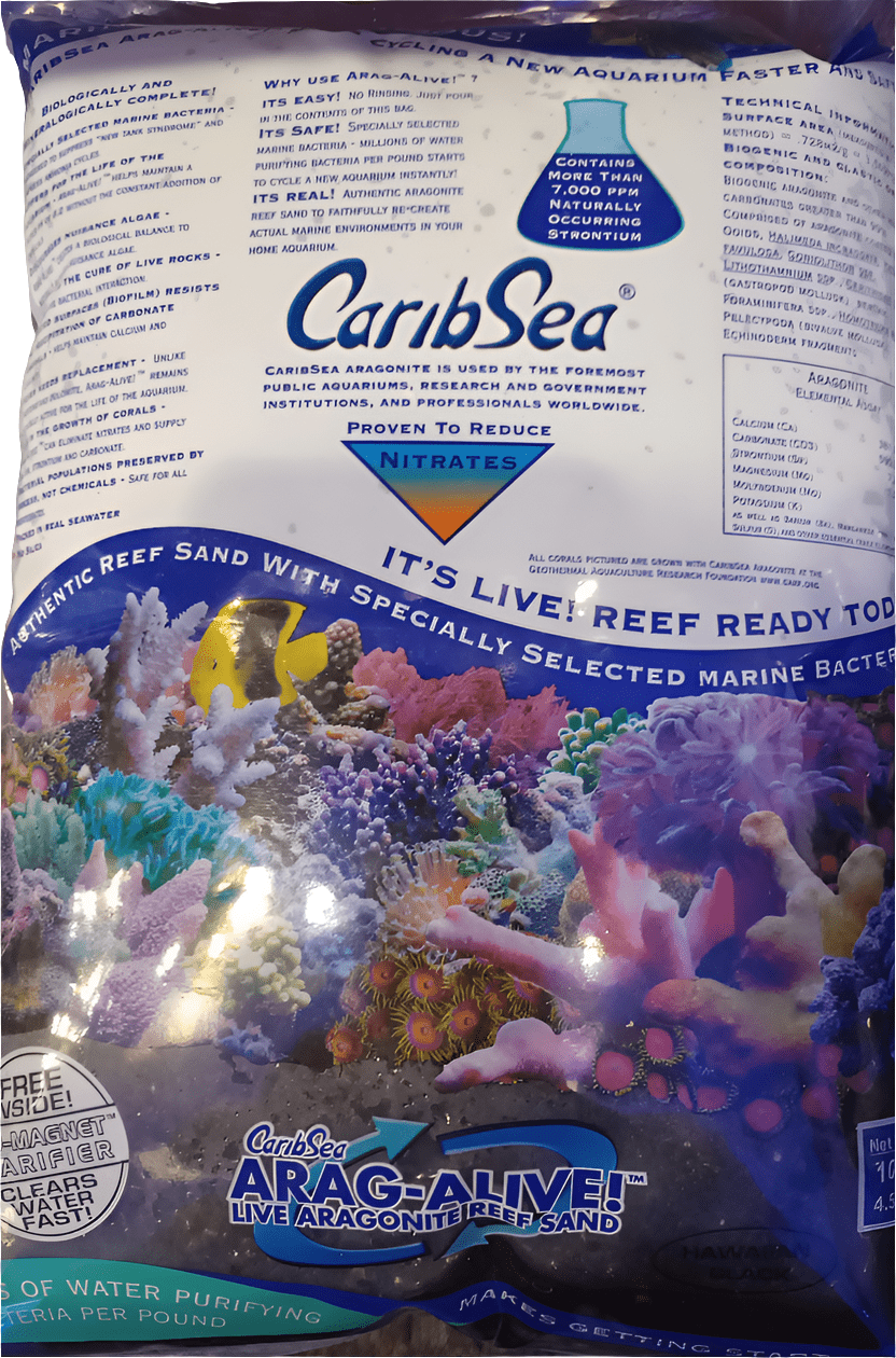 A bag of CaribSea Arag-Alive Hawaiian Black live aragonite reef sand. The packaging showcases vibrant images of coral reefs and fish, highlighting its benefits for aquariums, such as nitrate reduction and promoting marine bacterial growth.