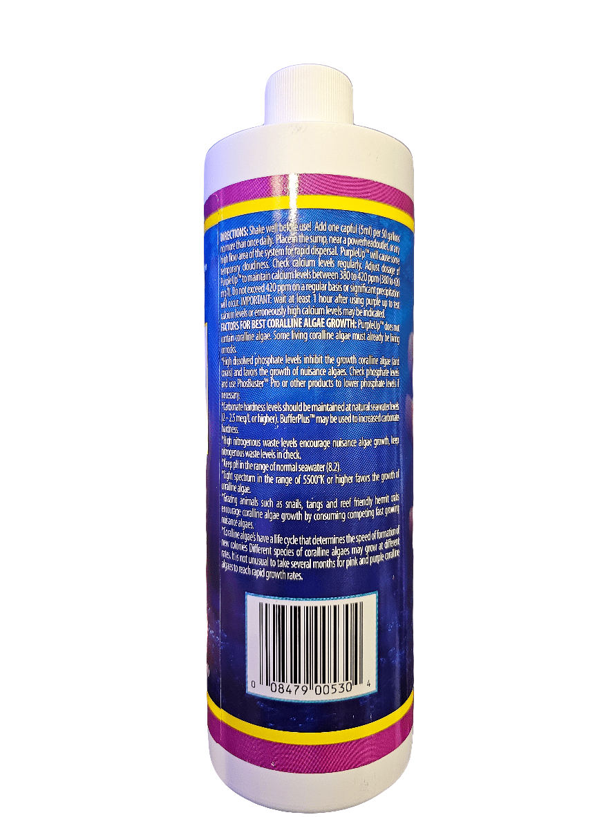 A cylindrical bottle of CaribSea - Purple Up - Coralline Algae Accelerator 473ml features a white cap and a vibrant label adorned with Coraline algae patterns. The label is densely packed with small text providing instructions and product details, while the base of the bottle showcases a barcode.