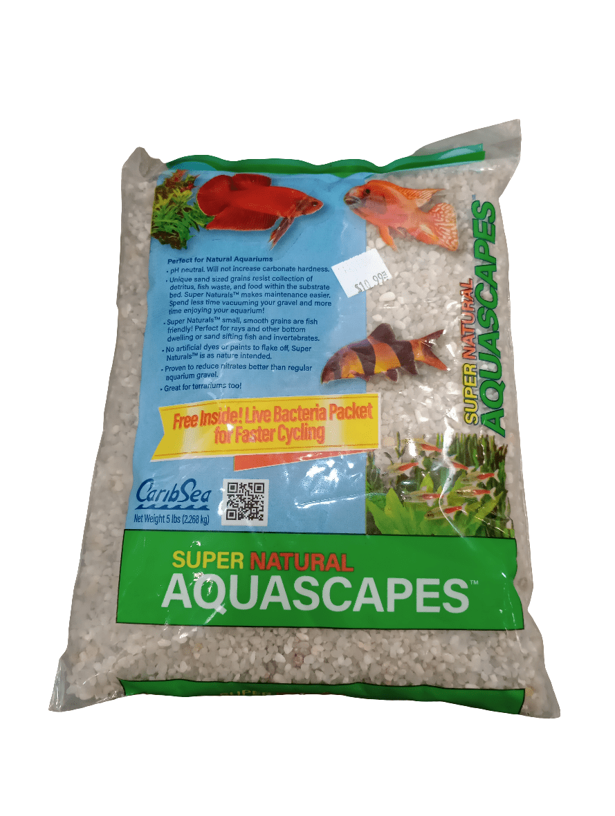 A bag of CaribSea Super Naturals Mini Rocks Carolina Creek aquarium substrate features images of fish on the front and highlights a free packet of live bacteria for cycling. The package weighs 5 pounds (2.26 kg).