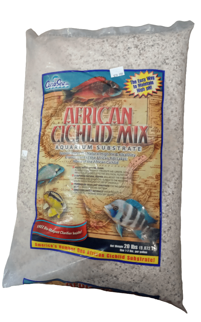 The Caribsea African Cichlid Mix 20 Lb package showcases fish and a world map, with text emphasizing its alkalinity and buffering properties. The weight is noted as 9.072 kg (20 lbs).